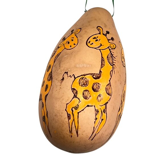 Gourd Art Giraffe Hand Painted Ornament Green Ribbon 5 images signed 4.5 inches - Picture 2 of 7